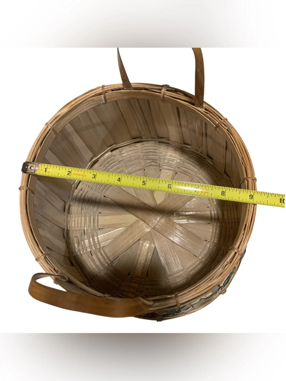 Vintage Bamboo Basket w Raised Gesso Grapevine Double handles Approx 9” T grapes